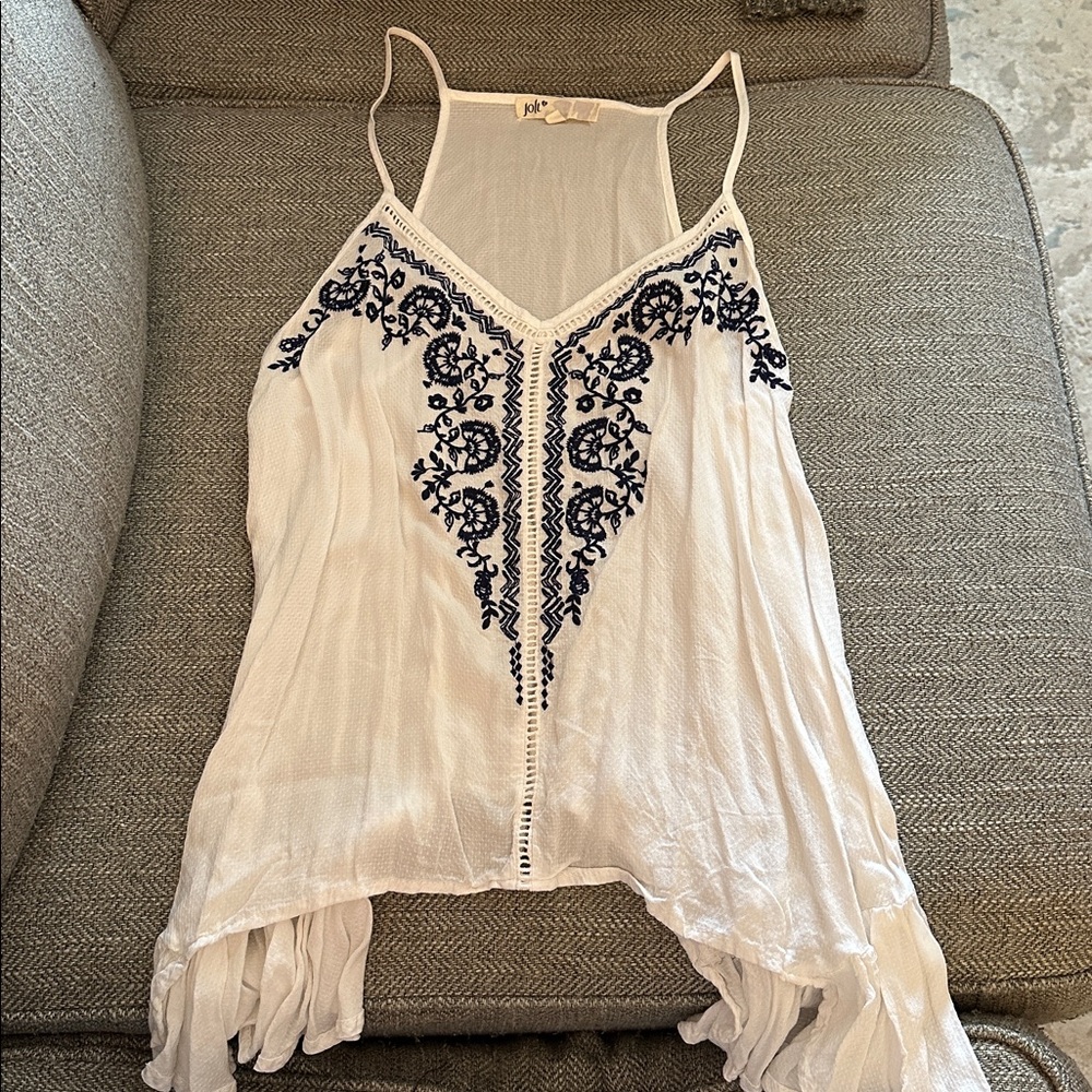 Jolt White Tank Top with Dark Blue Floral Detailing, Size Medium